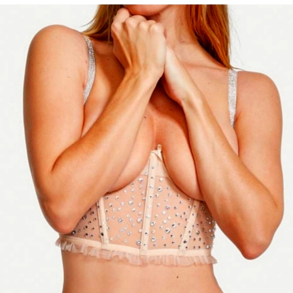 NWT Victoria’s Secret Open Cup Rhinestone Shine Strap Bustier Bra Top // 36C